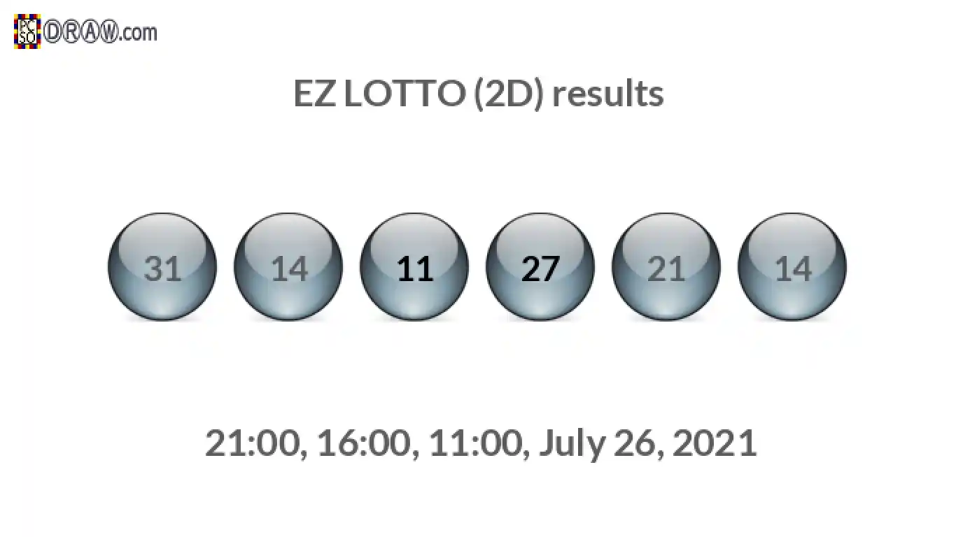 Rendered lottery balls representing EZ LOTTO (2D) results on July 26, 2021