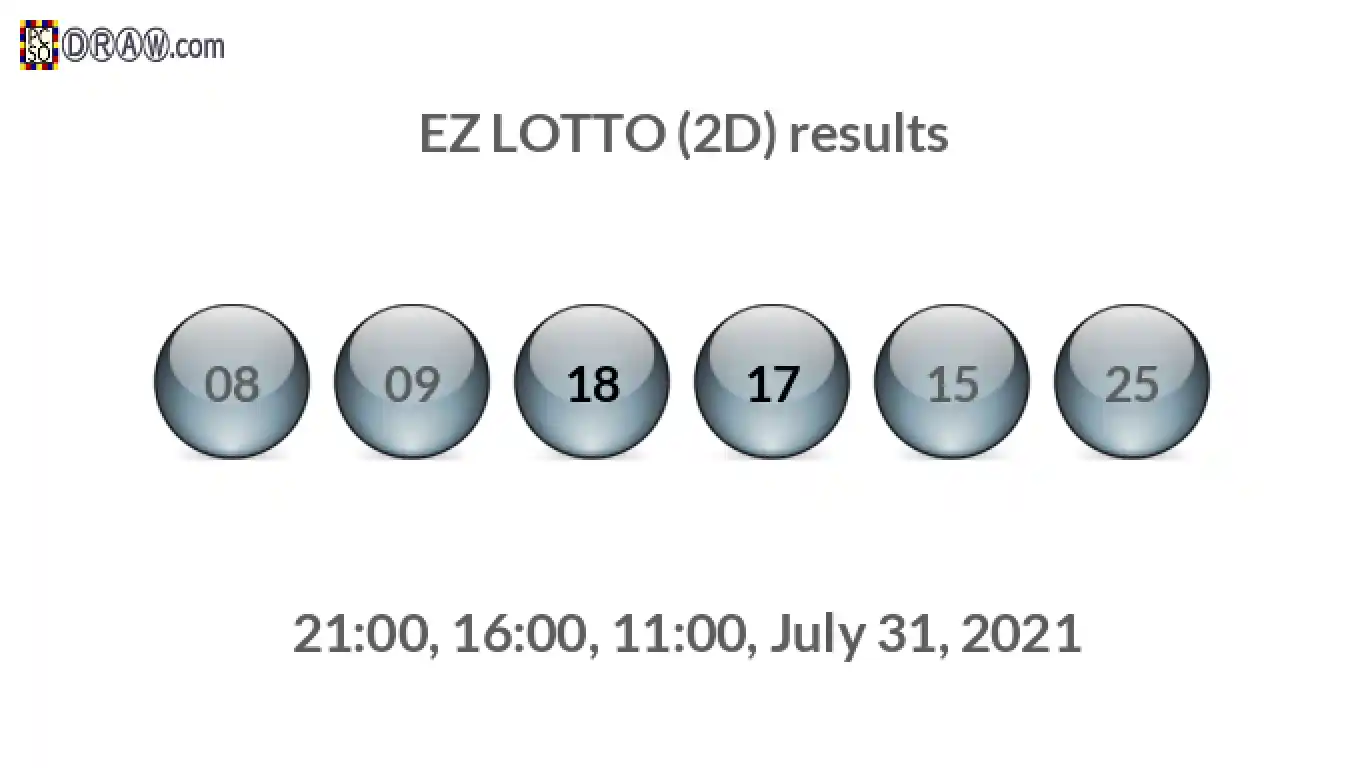 Rendered lottery balls representing EZ LOTTO (2D) results on July 31, 2021