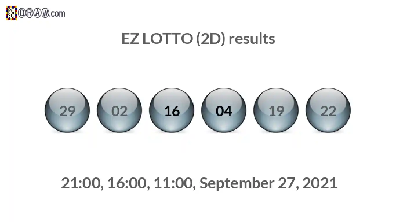 Rendered lottery balls representing EZ LOTTO (2D) results on September 27, 2021