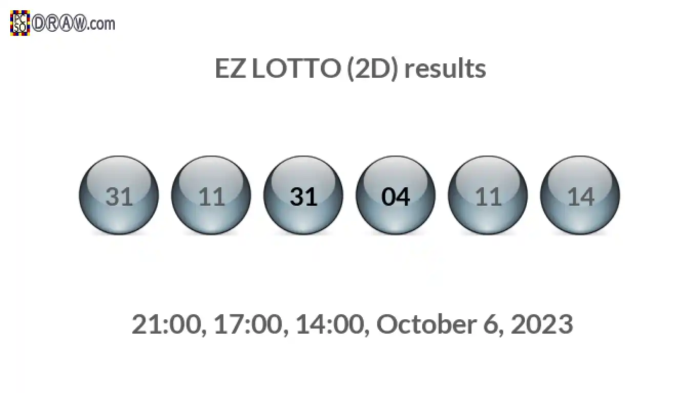Rendered lottery balls representing EZ LOTTO (2D) results on October 6, 2023