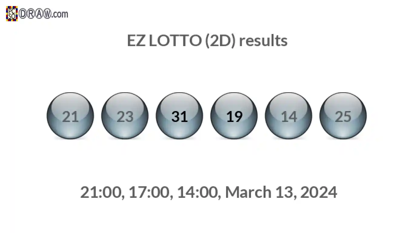 Rendered lottery balls representing EZ LOTTO (2D) results on March 13, 2024