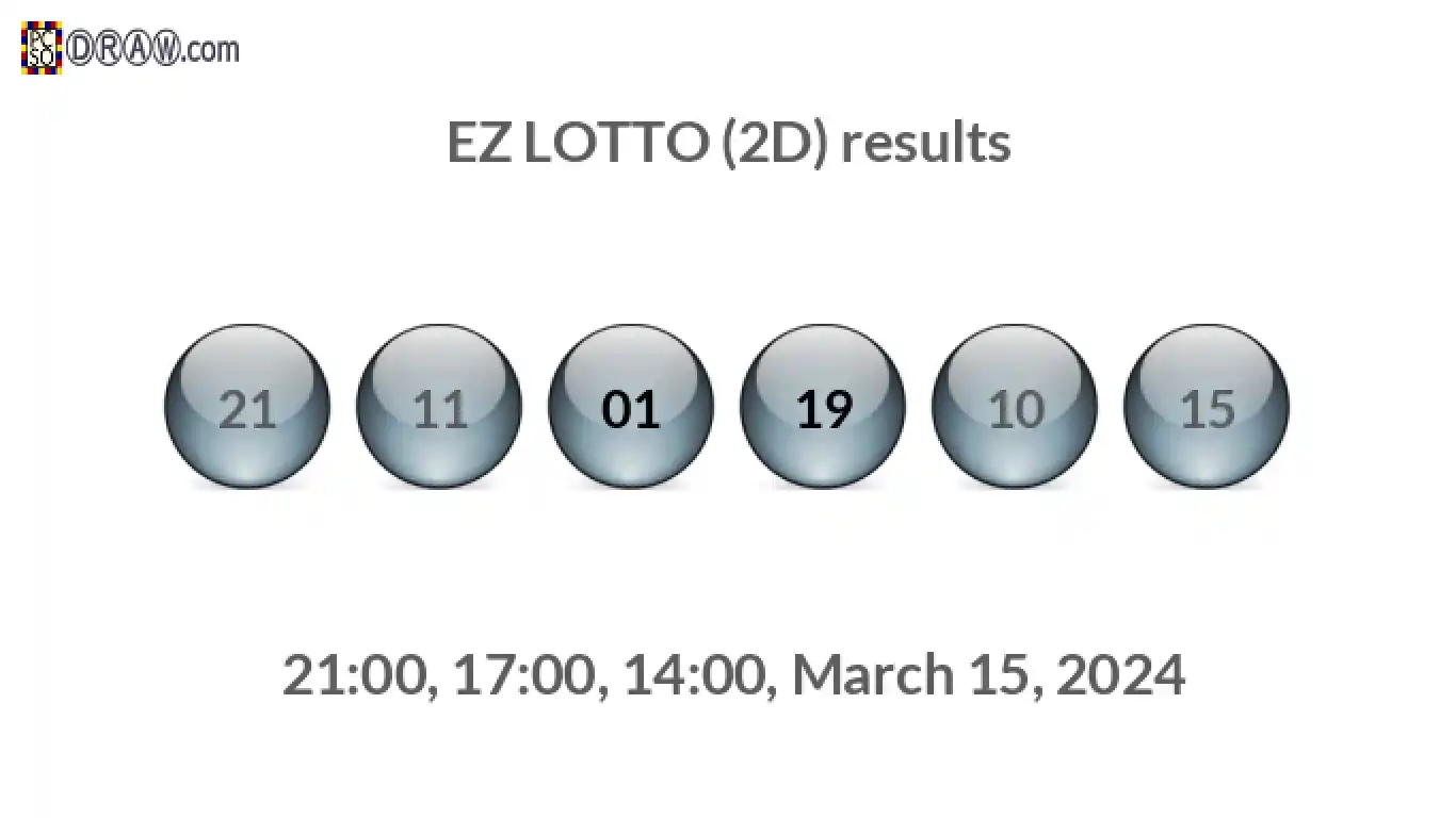 Rendered lottery balls representing EZ LOTTO (2D) results on March 15, 2024