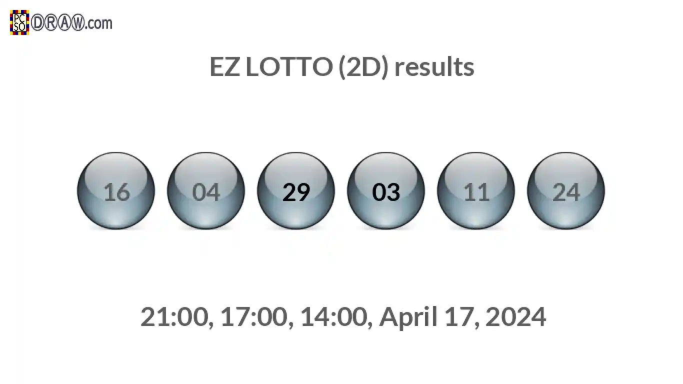 Rendered lottery balls representing EZ LOTTO (2D) results on April 17, 2024