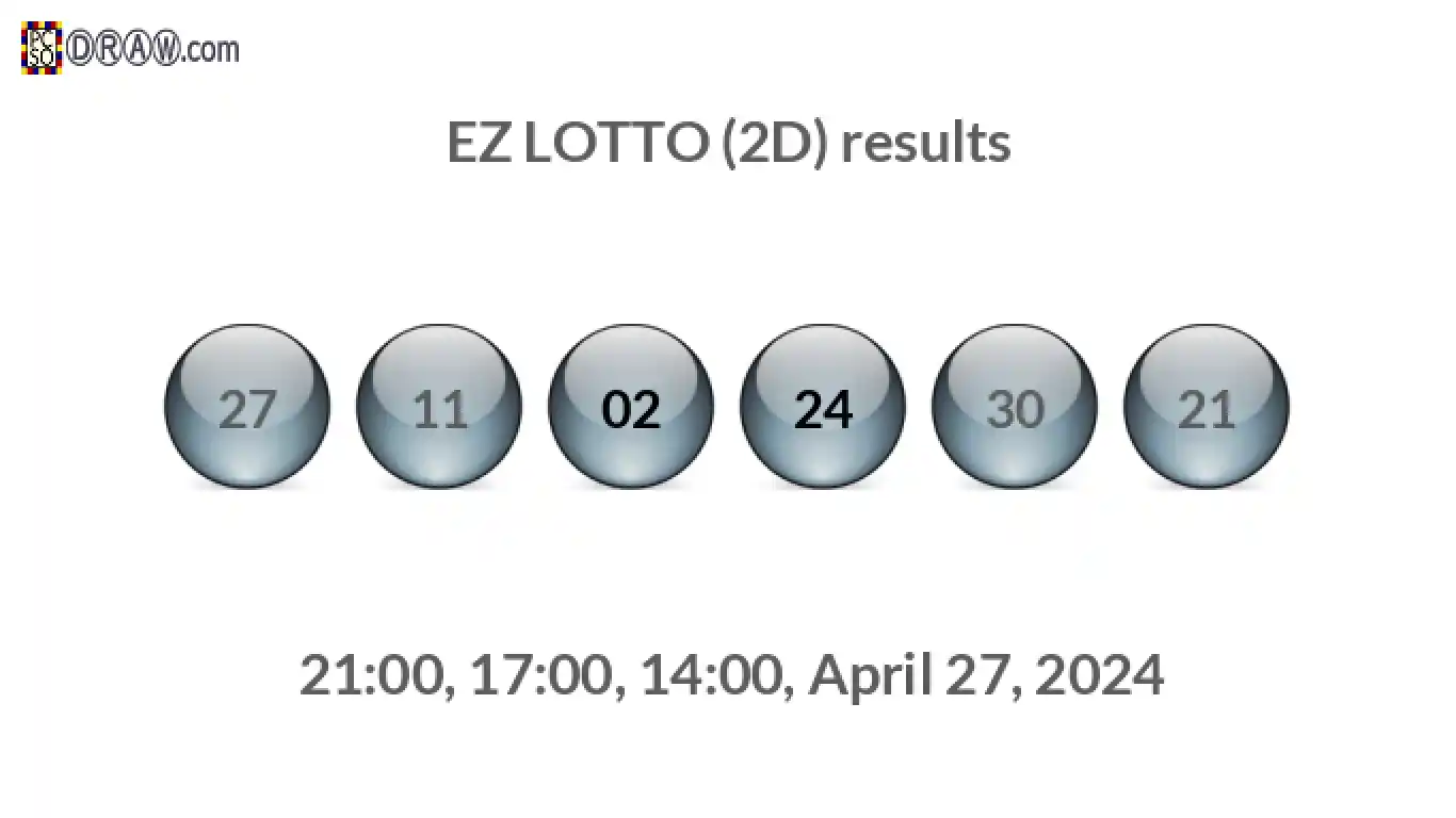 Rendered lottery balls representing EZ LOTTO (2D) results on April 27, 2024