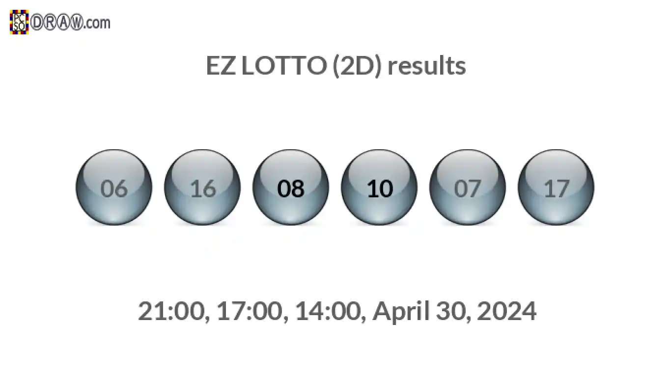 Rendered lottery balls representing EZ LOTTO (2D) results on April 30, 2024