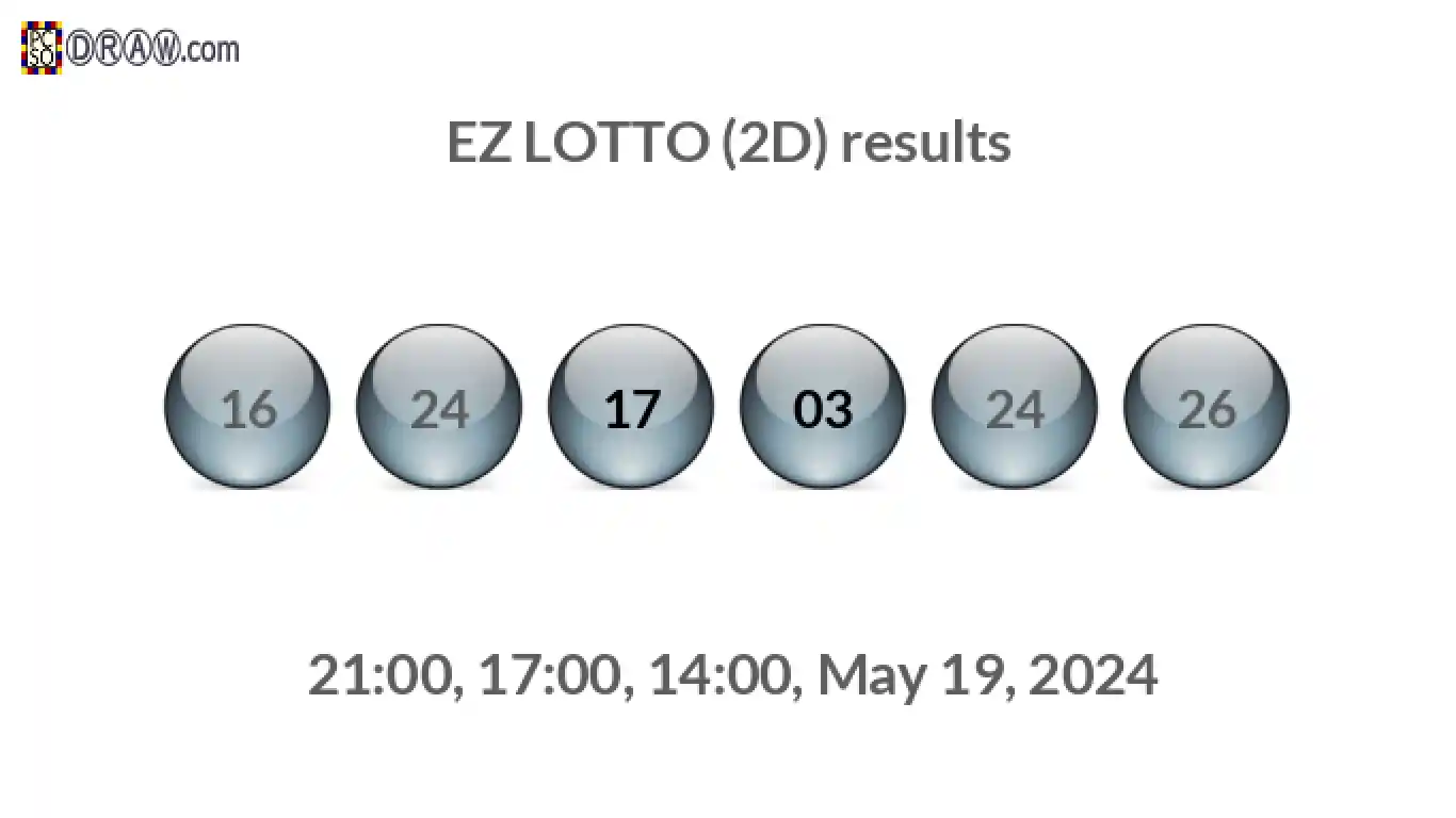 Rendered lottery balls representing EZ LOTTO (2D) results on May 19, 2024