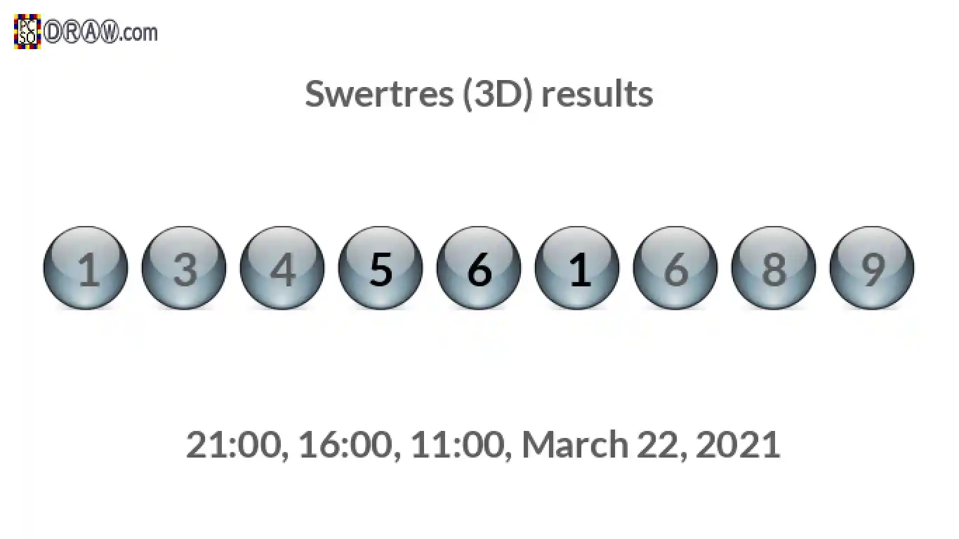 Rendered lottery balls representing 3D Lotto results on March 22, 2021