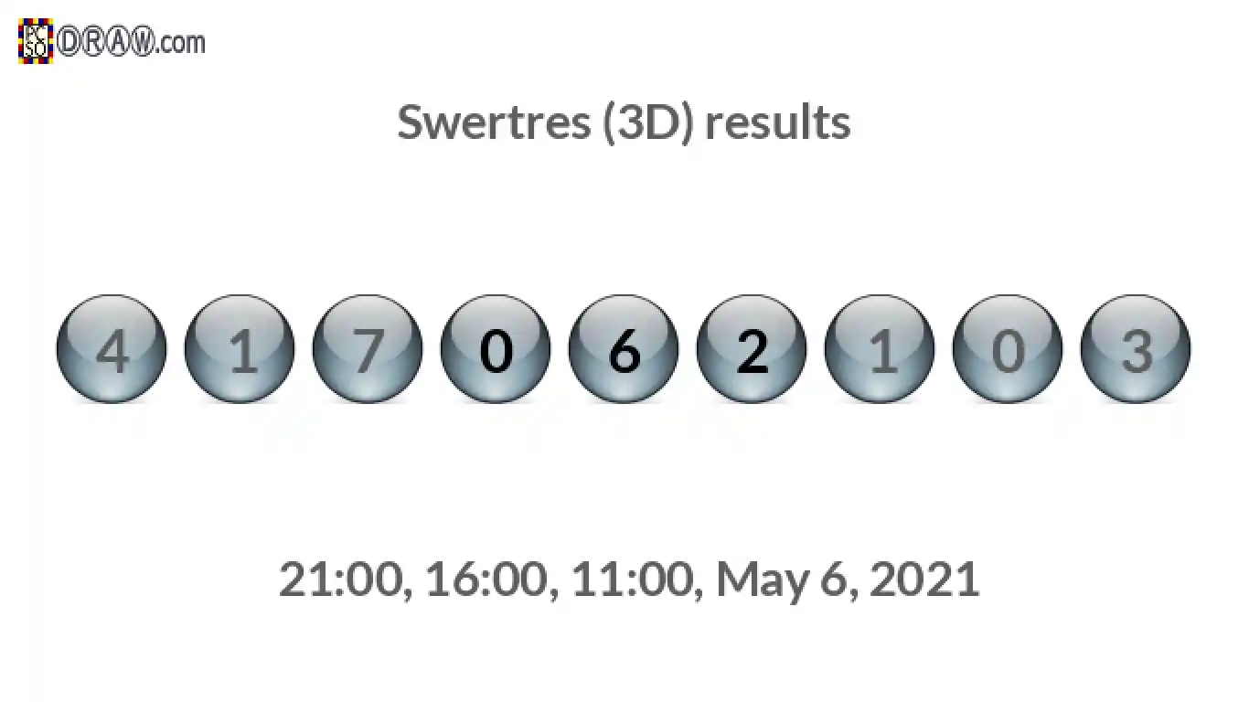 Rendered lottery balls representing 3D Lotto results on May 6, 2021