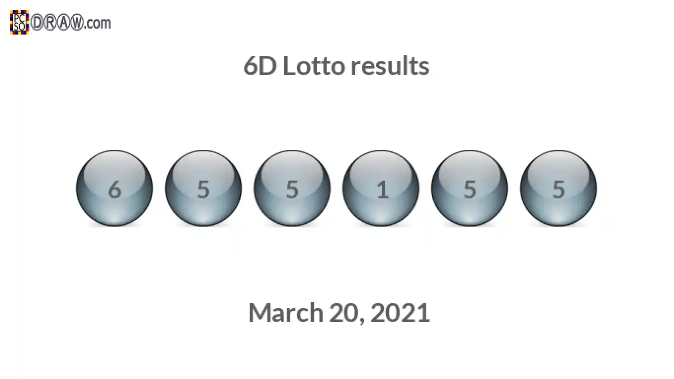 6D lottery balls representing results on March 20, 2021