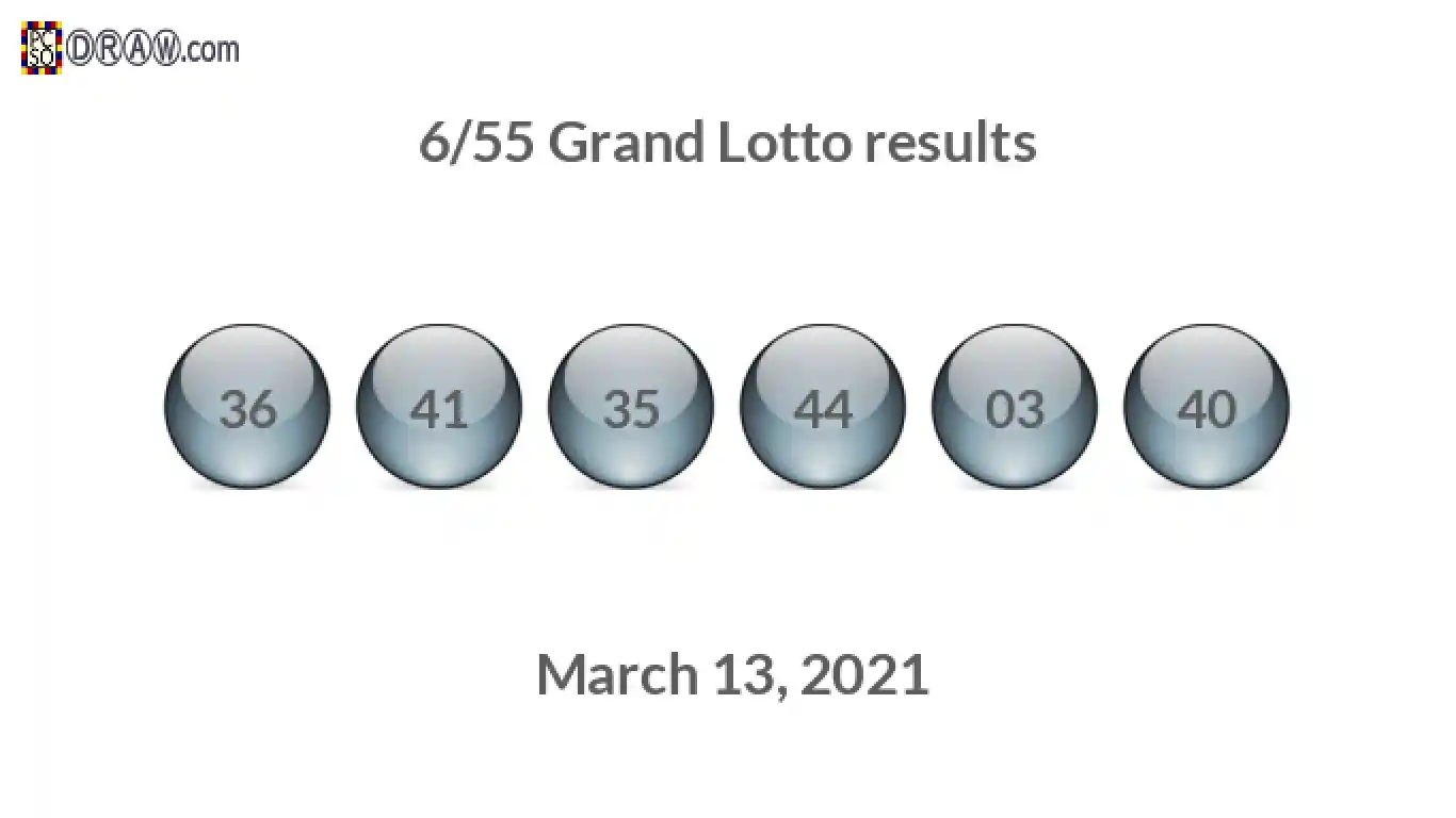 Grand Lotto 6/55 balls representing results on March 13, 2021