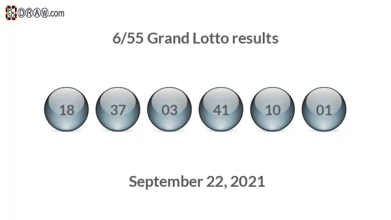 Grand Lotto 6/55 balls representing results on September 22, 2021