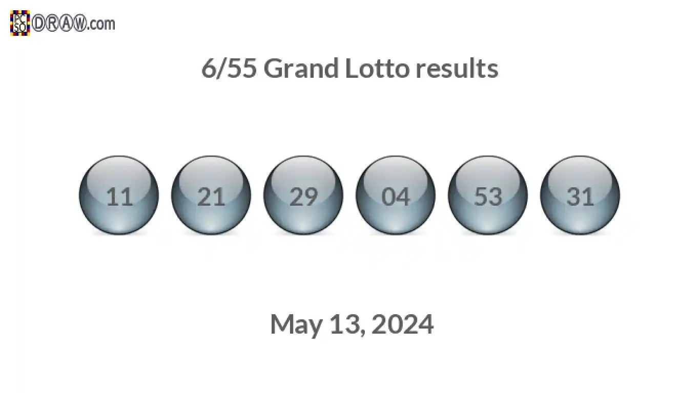 Grand Lotto 6/55 balls representing results on May 13, 2024