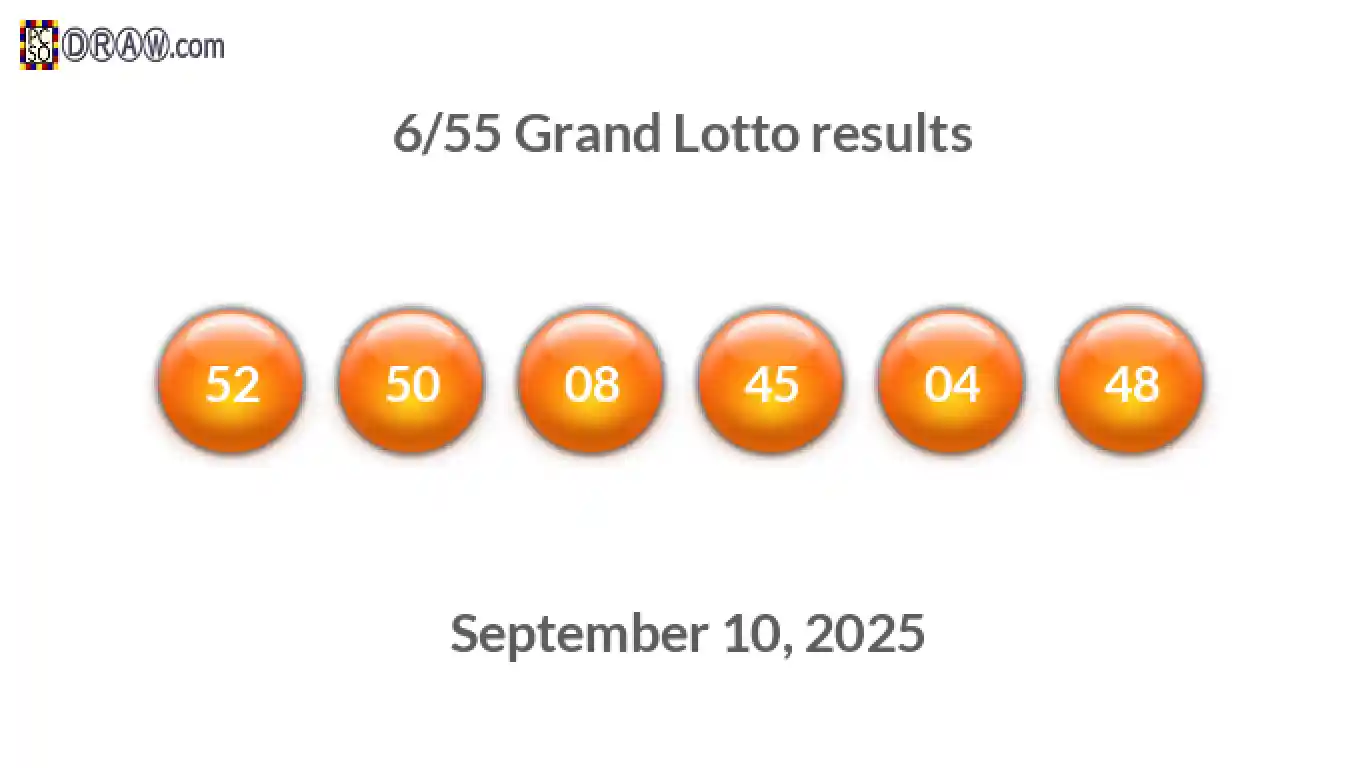 Grand Lotto 6/55 balls representing results on September 10, 2025