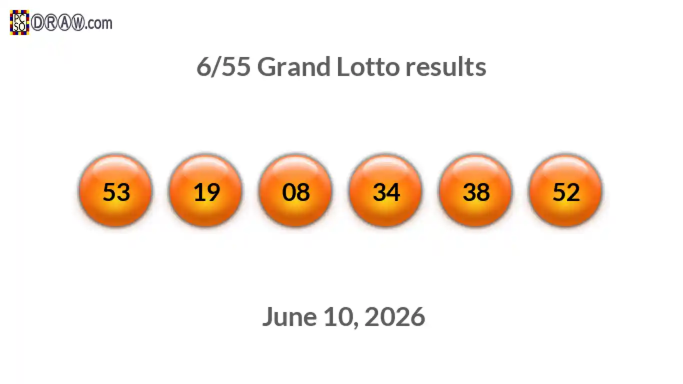 Grand Lotto 6/55 balls representing results on June 10, 2026