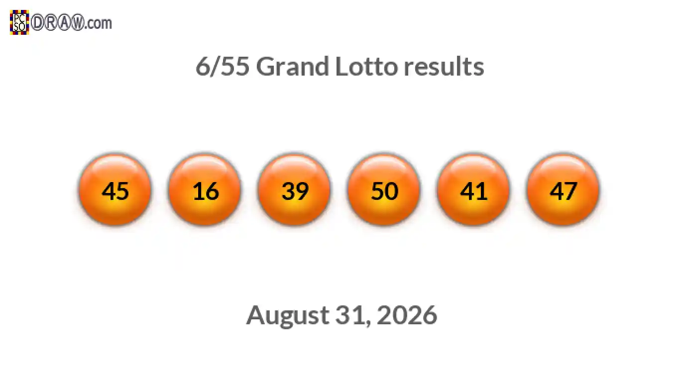 Grand Lotto 6/55 balls representing results on August 31, 2026