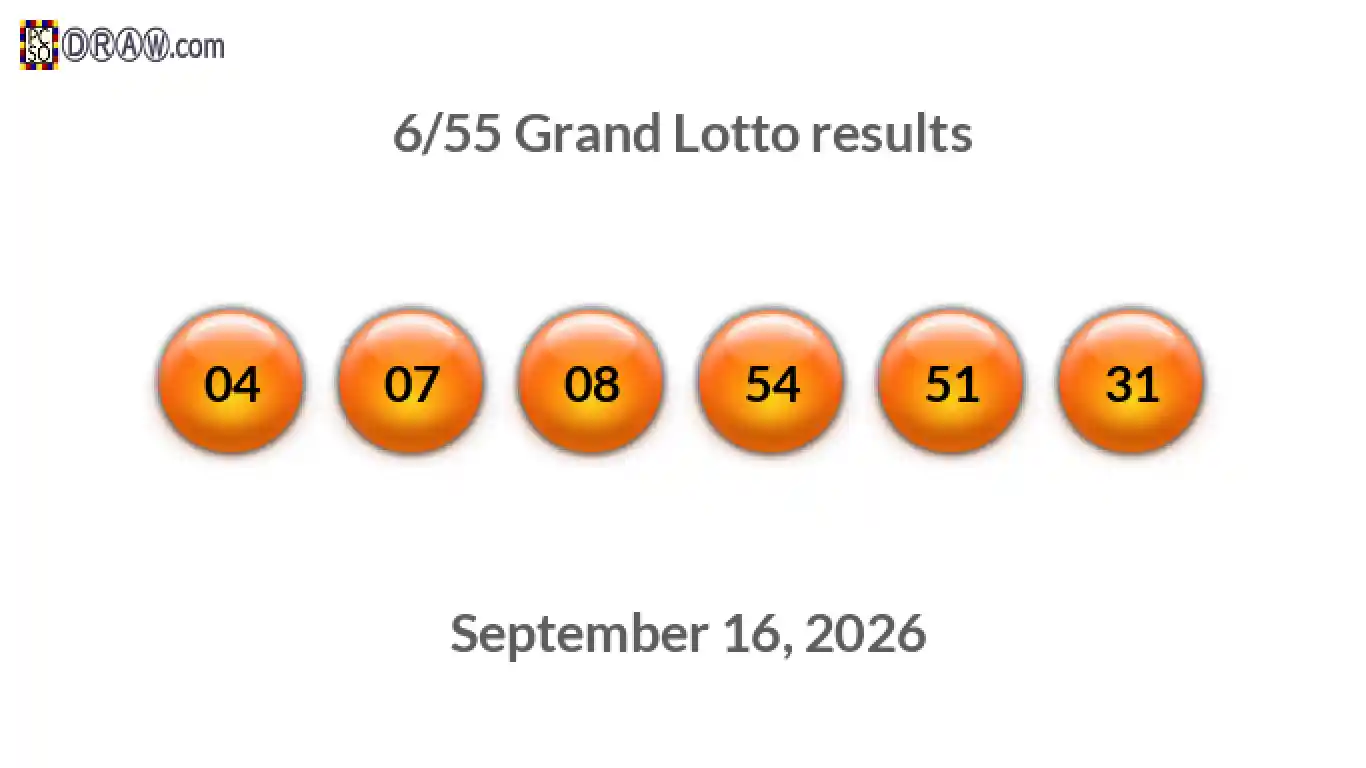 Grand Lotto 6/55 balls representing results on September 16, 2026