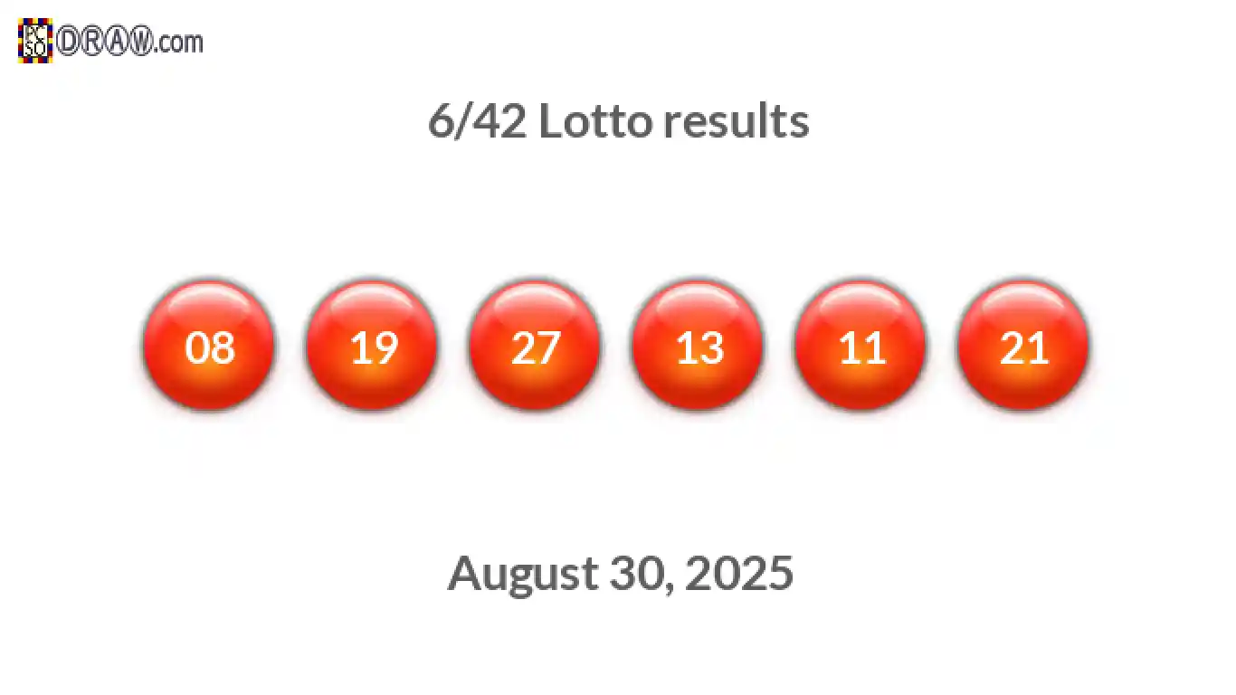 Lotto 6/42 balls representing results on August 30, 2025