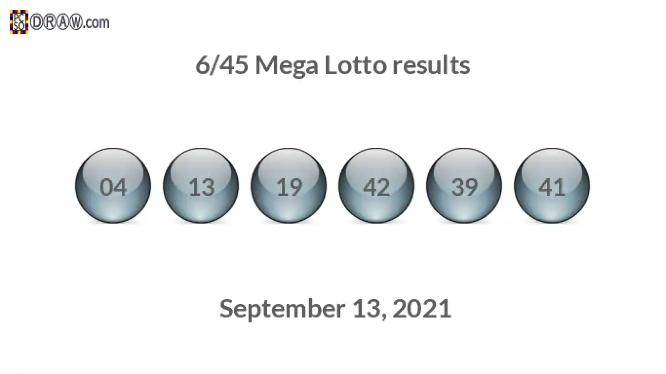 Mega Lotto 6/45 balls representing results on September 13, 2021