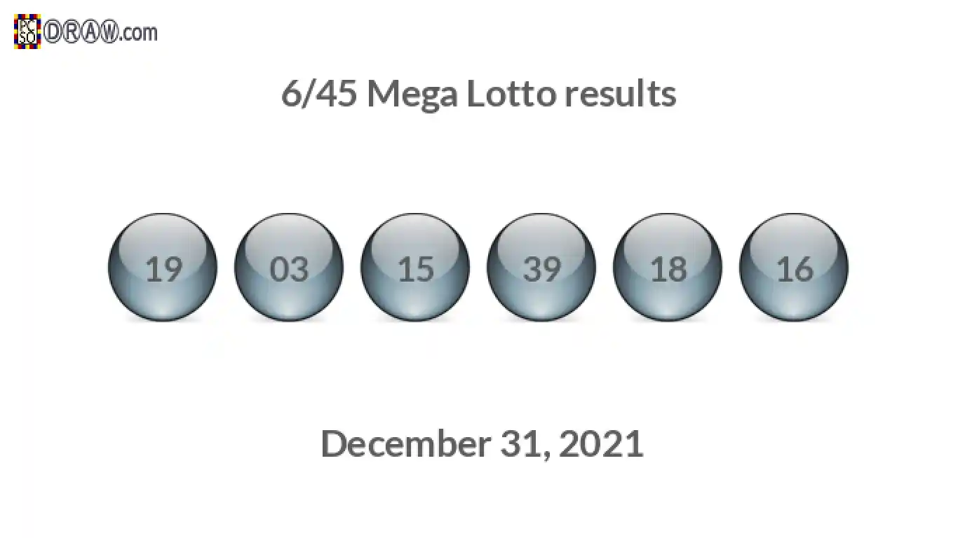 Mega Lotto 6/45 balls representing results on December 31, 2021