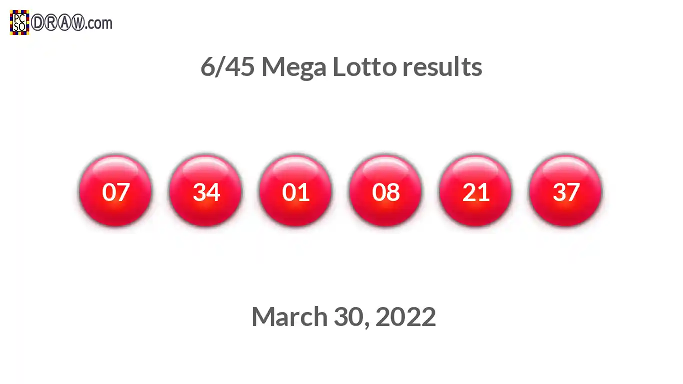 Mega Lotto 6/45 balls representing results on March 30, 2022
