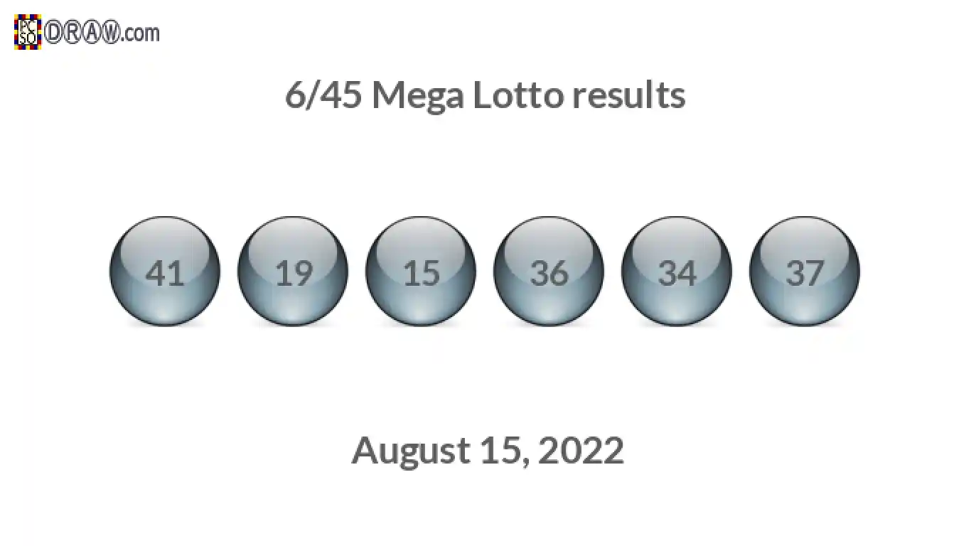 Mega Lotto 6/45 balls representing results on August 15, 2022