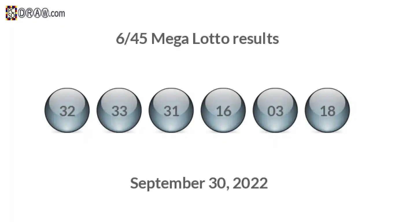 Mega Lotto 6/45 balls representing results on September 30, 2022