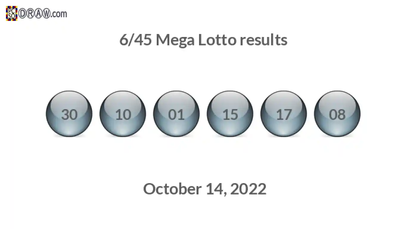 Mega Lotto 6/45 balls representing results on October 14, 2022