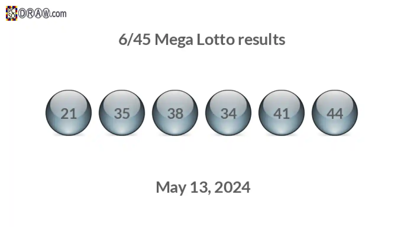 Mega Lotto 6/45 balls representing results on May 13, 2024