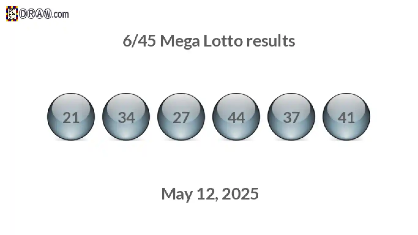 Mega Lotto 6/45 balls representing results on May 12, 2025