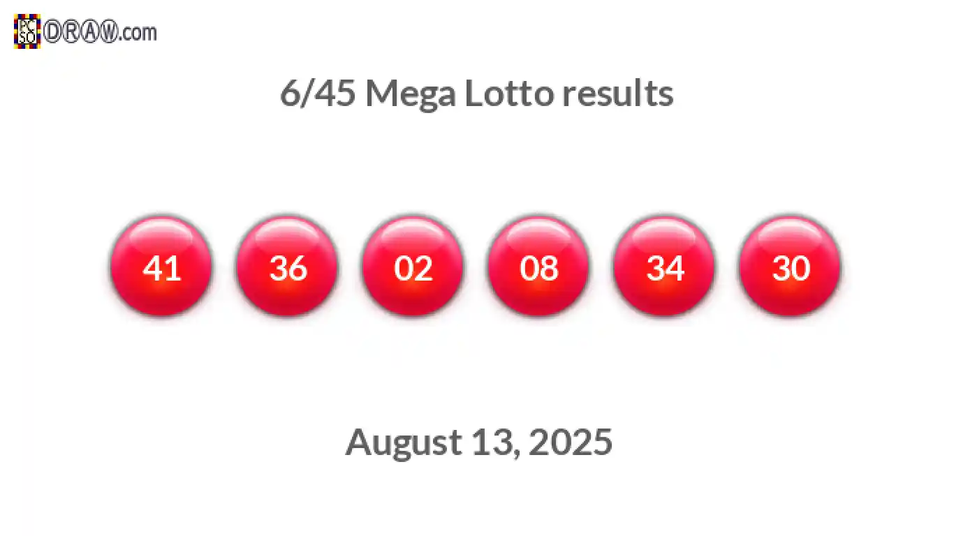 Mega Lotto 6/45 balls representing results on August 13, 2025