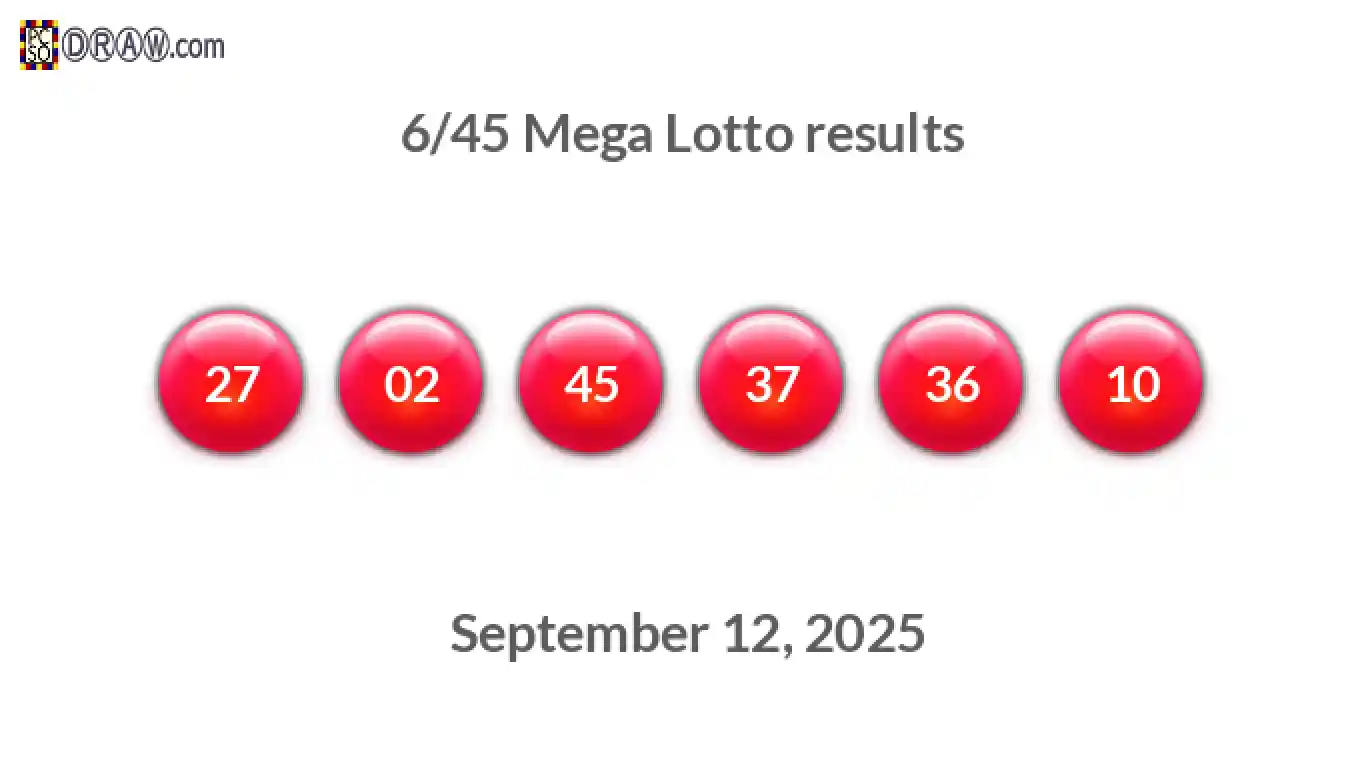 Mega Lotto 6/45 balls representing results on September 12, 2025