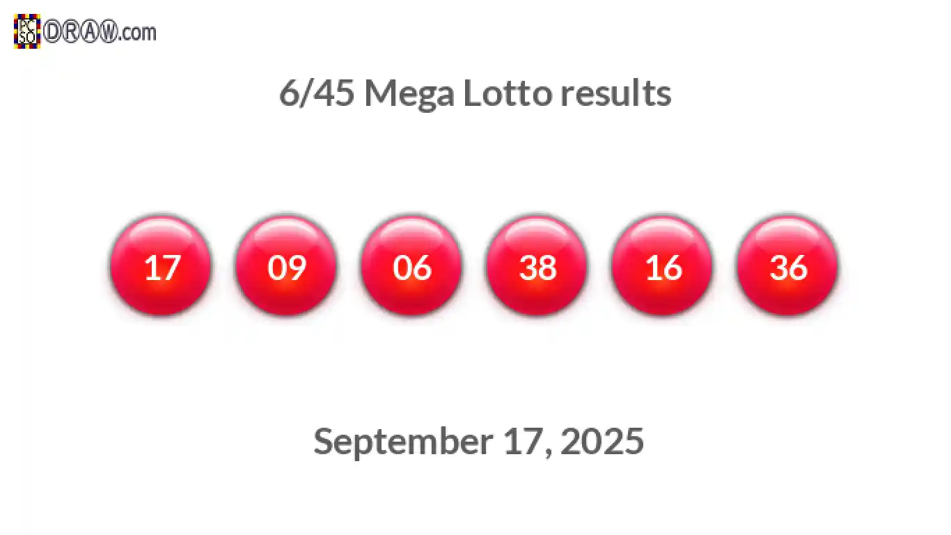 Mega Lotto 6/45 balls representing results on September 17, 2025