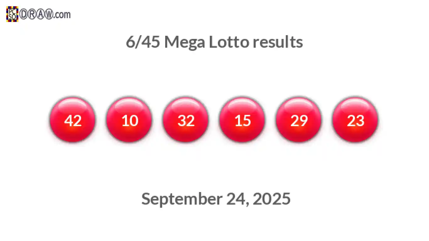 Mega Lotto 6/45 balls representing results on September 24, 2025