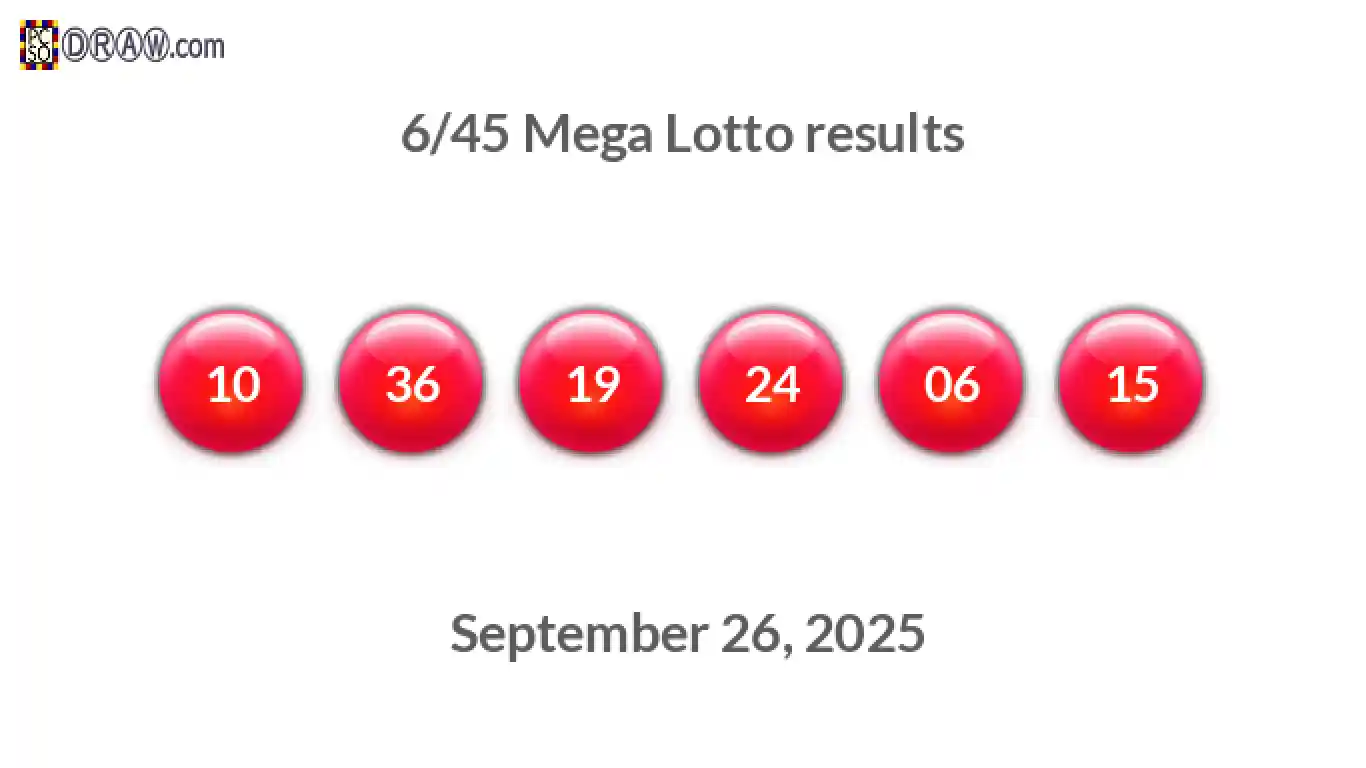 Mega Lotto 6/45 balls representing results on September 26, 2025