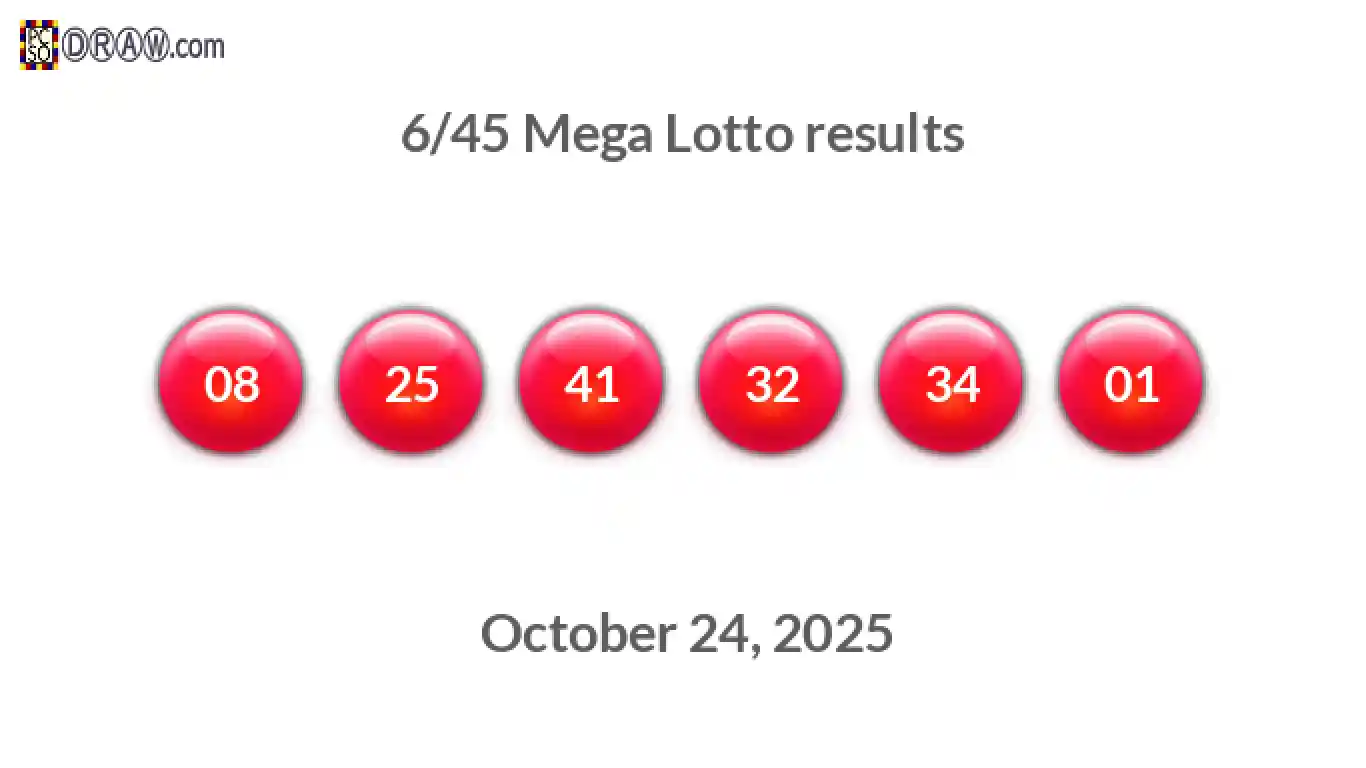 Mega Lotto 6/45 balls representing results on October 24, 2025