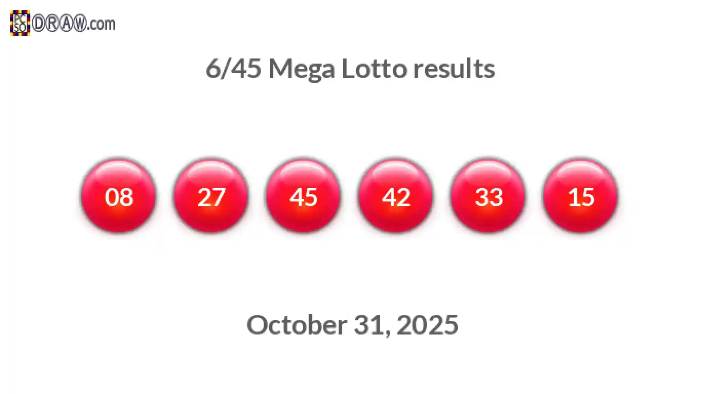 Mega Lotto 6/45 balls representing results on October 31, 2025