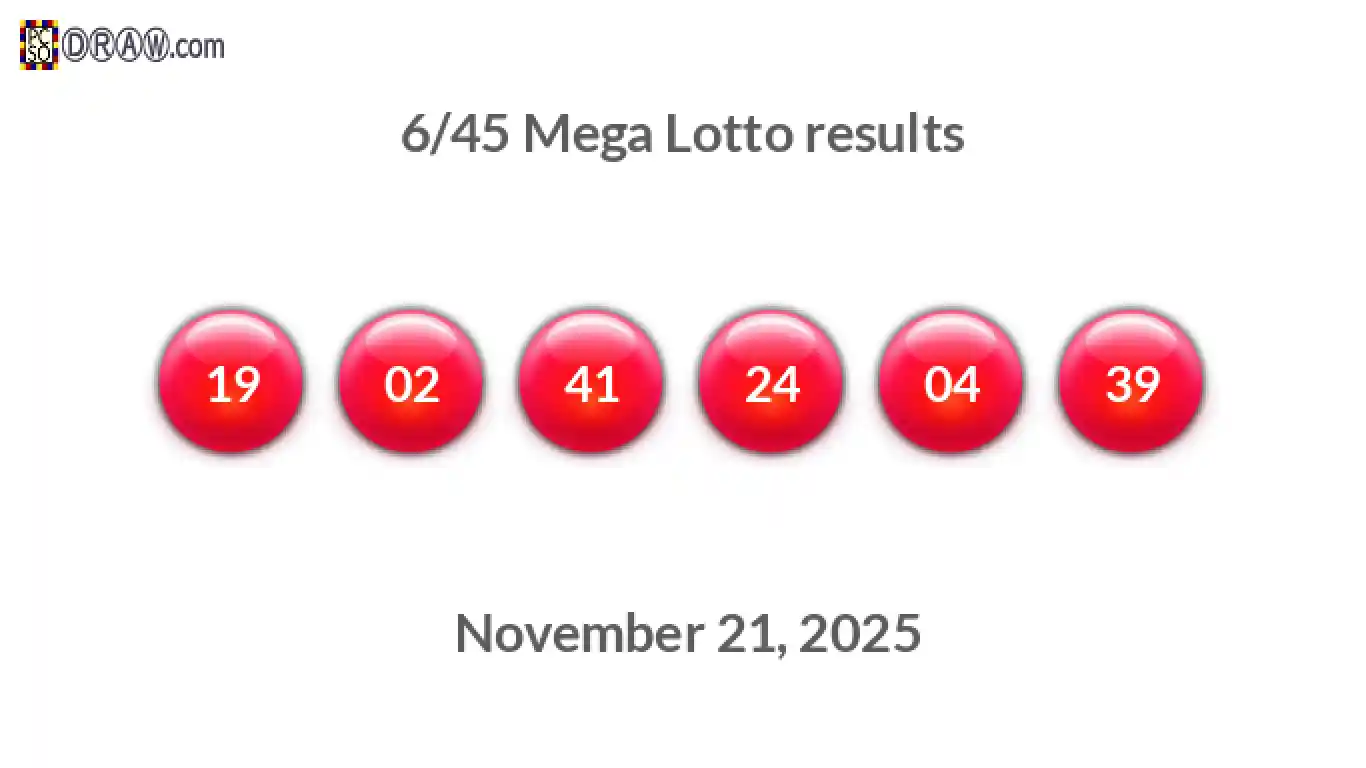 Mega Lotto 6/45 balls representing results on November 21, 2025