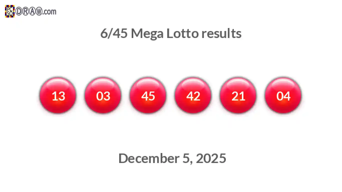 Mega Lotto 6/45 balls representing results on December 5, 2025