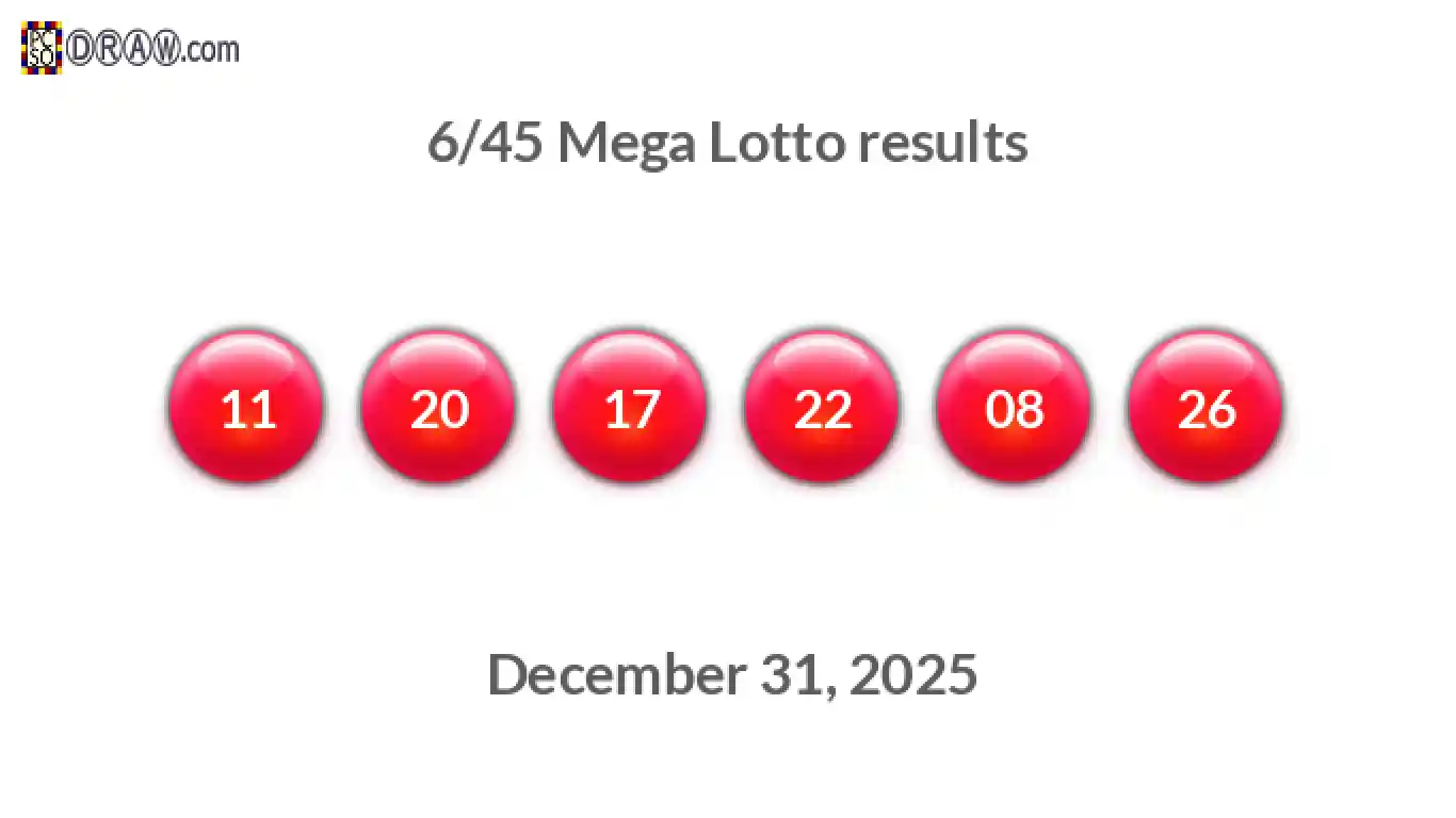 Mega Lotto 6/45 balls representing results on December 31, 2025