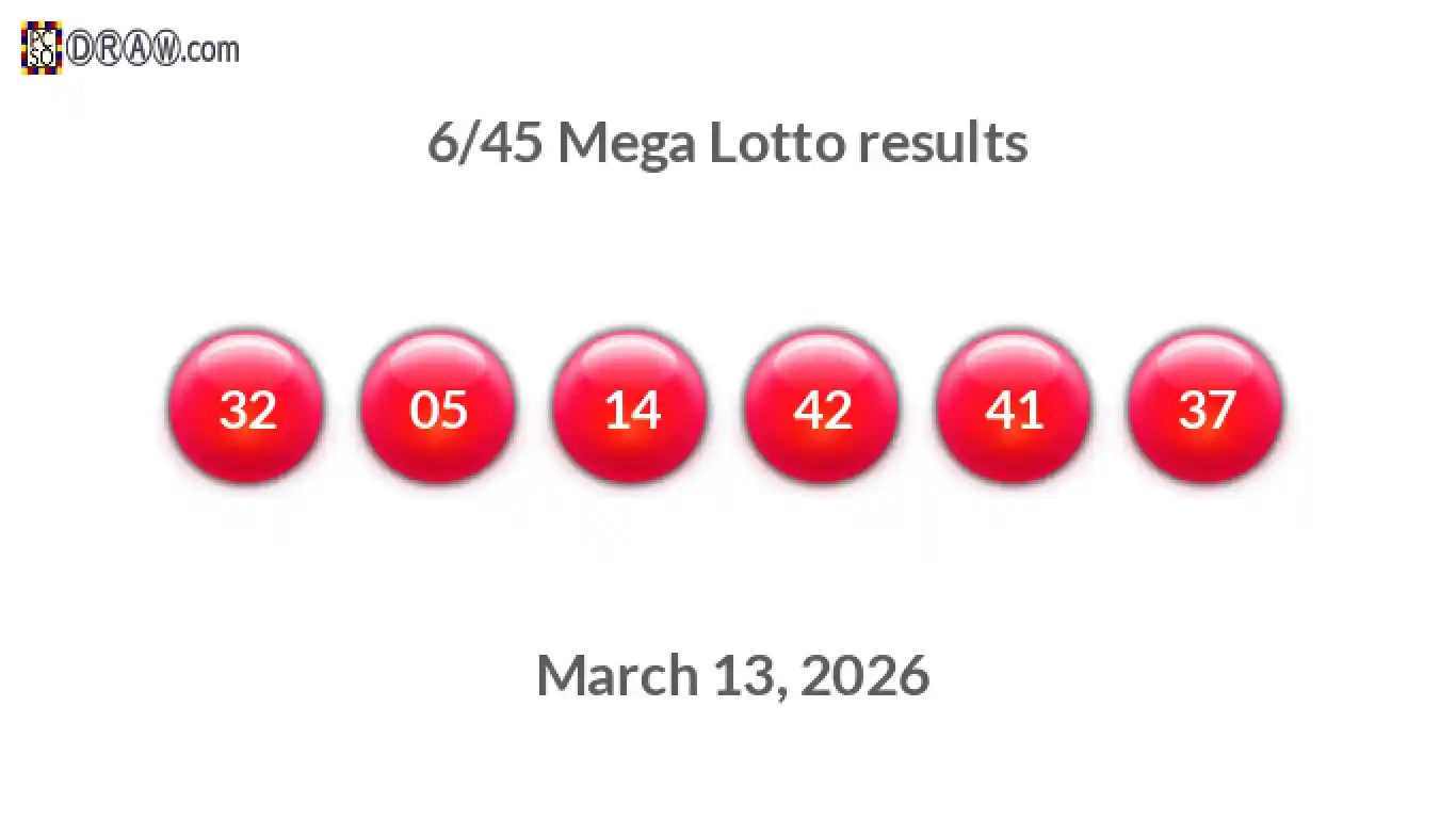 Mega Lotto 6/45 balls representing results on March 13, 2026