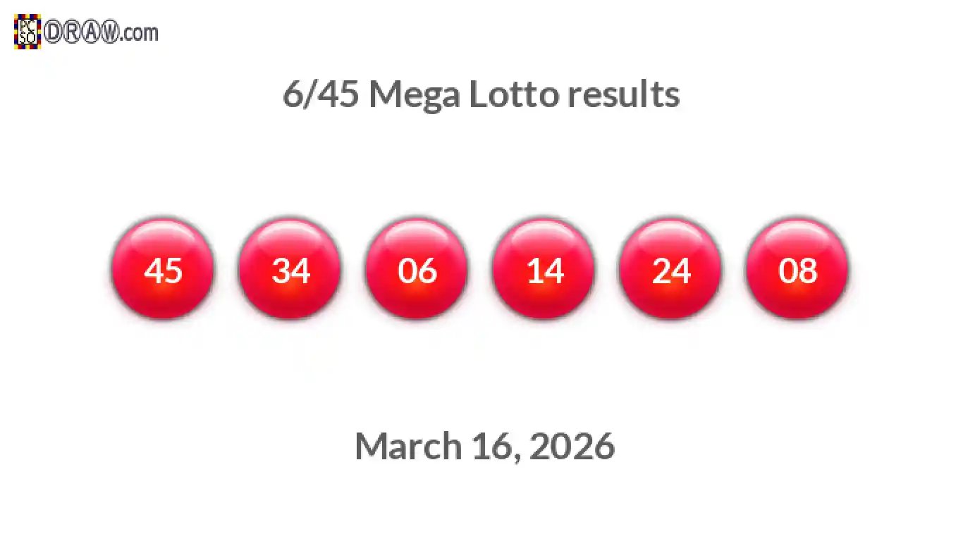 Mega Lotto 6/45 balls representing results on March 16, 2026