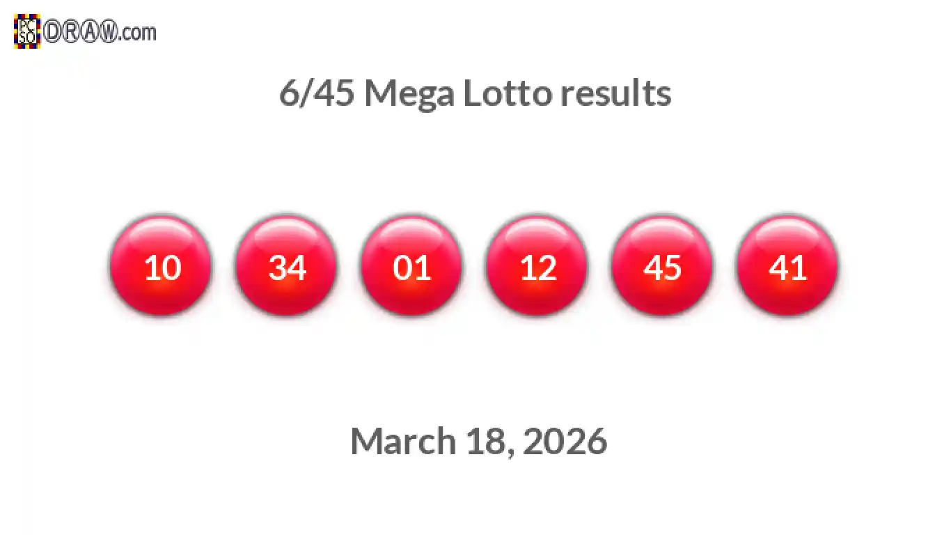 Mega Lotto 6/45 balls representing results on March 18, 2026