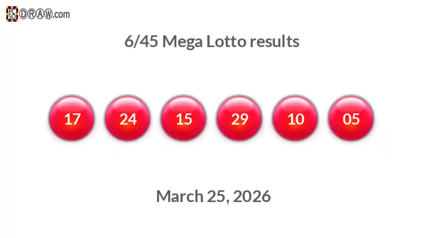 Mega Lotto 6/45 balls representing results on March 25, 2026