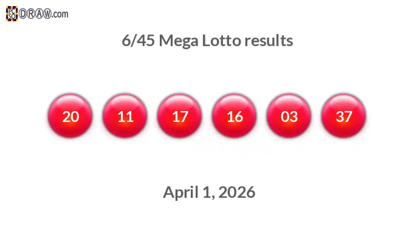 Mega Lotto 6/45 balls representing results on April 1, 2026