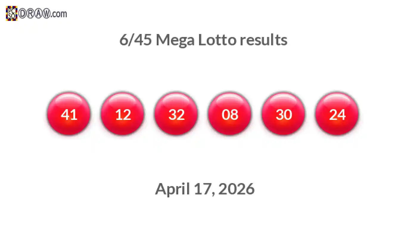 Mega Lotto 6/45 balls representing results on April 17, 2026