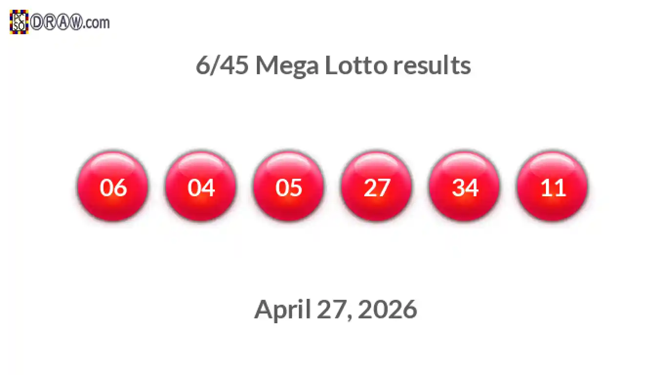 Mega Lotto 6/45 balls representing results on April 27, 2026