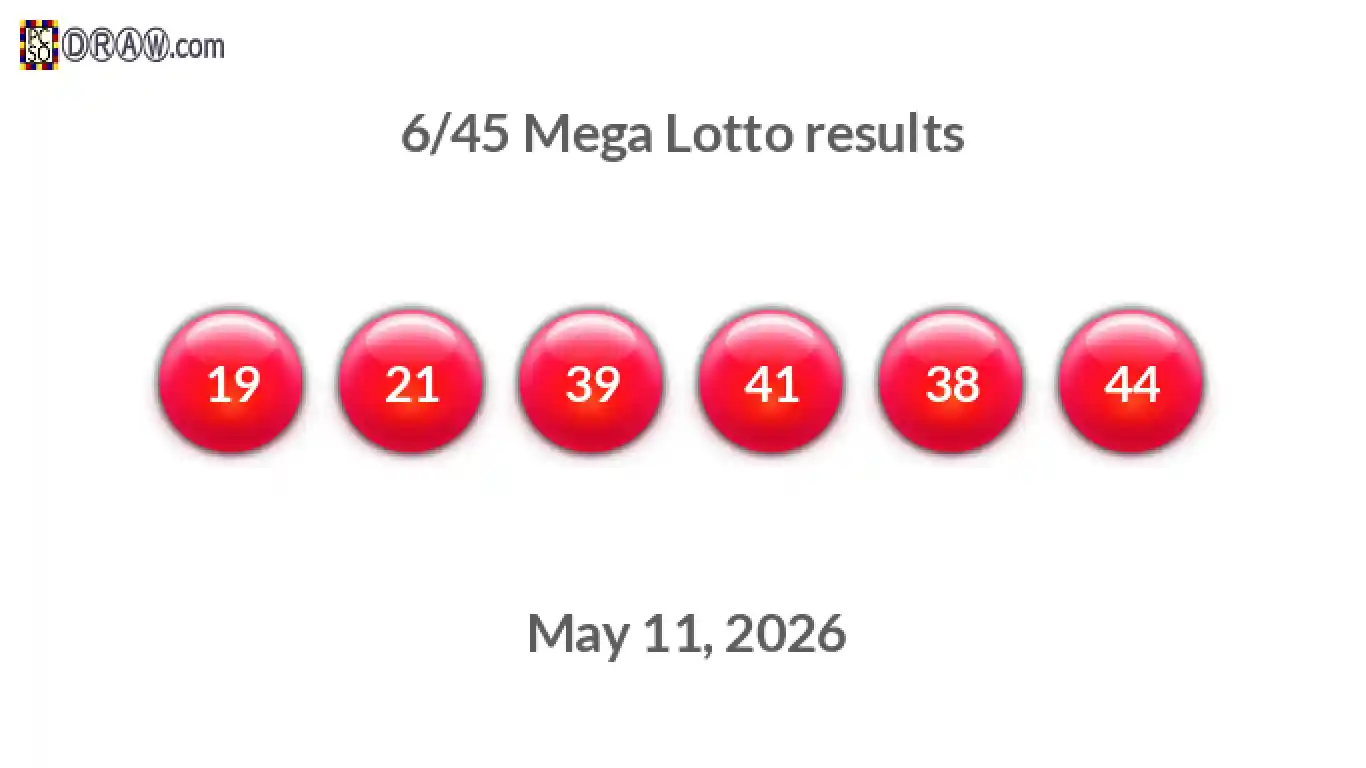 Mega Lotto 6/45 balls representing results on May 11, 2026
