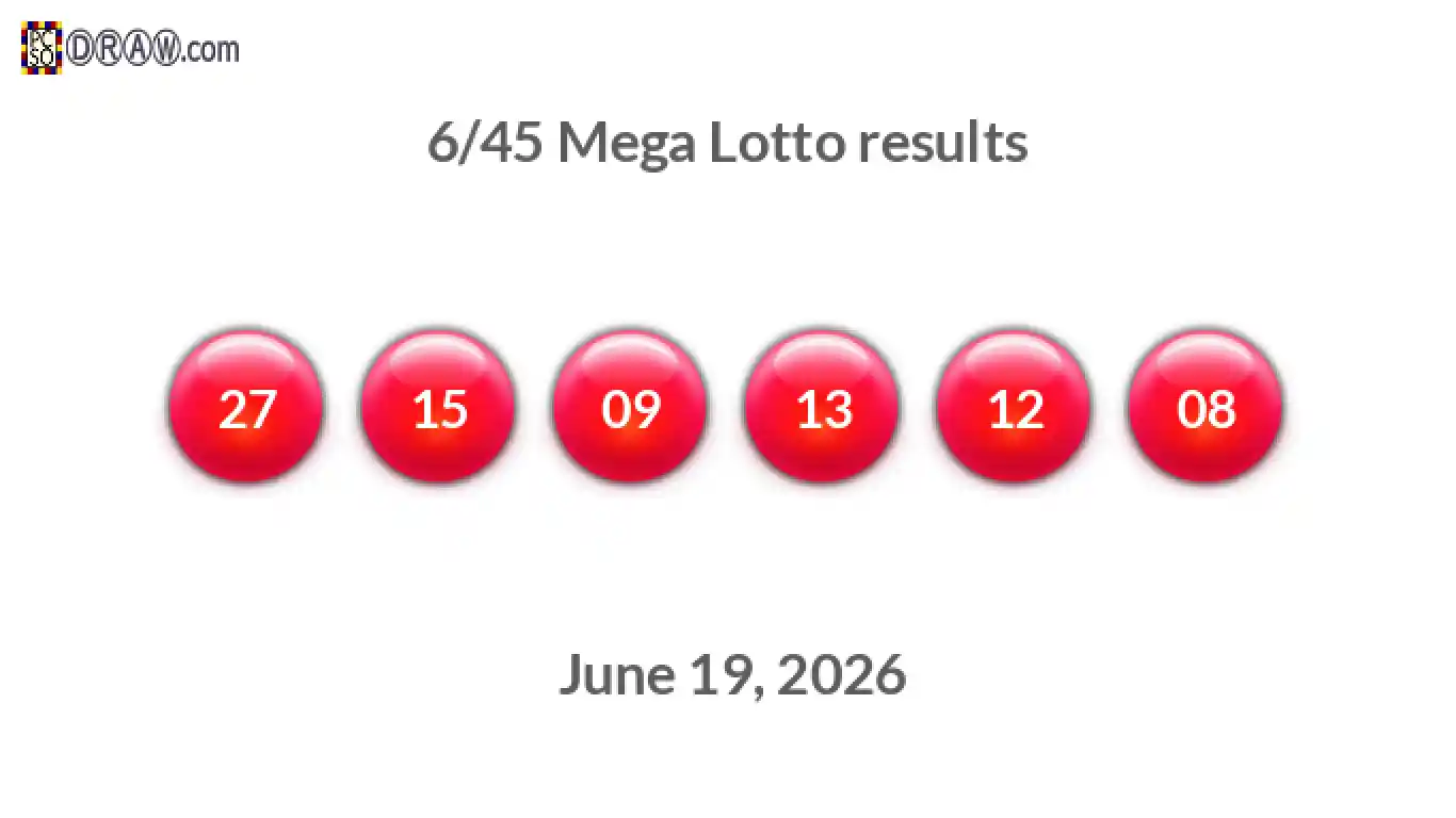 Mega Lotto 6/45 balls representing results on June 19, 2026