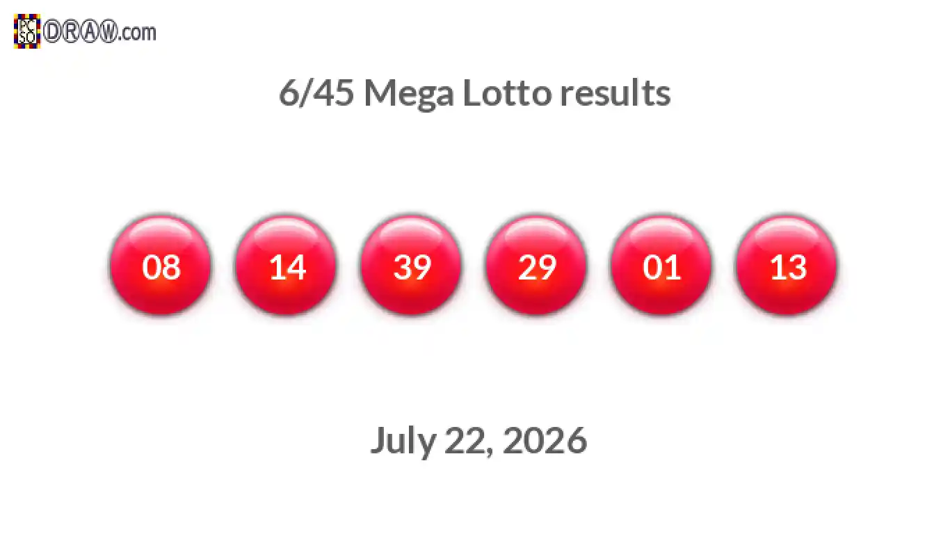 Mega Lotto 6/45 balls representing results on July 22, 2026