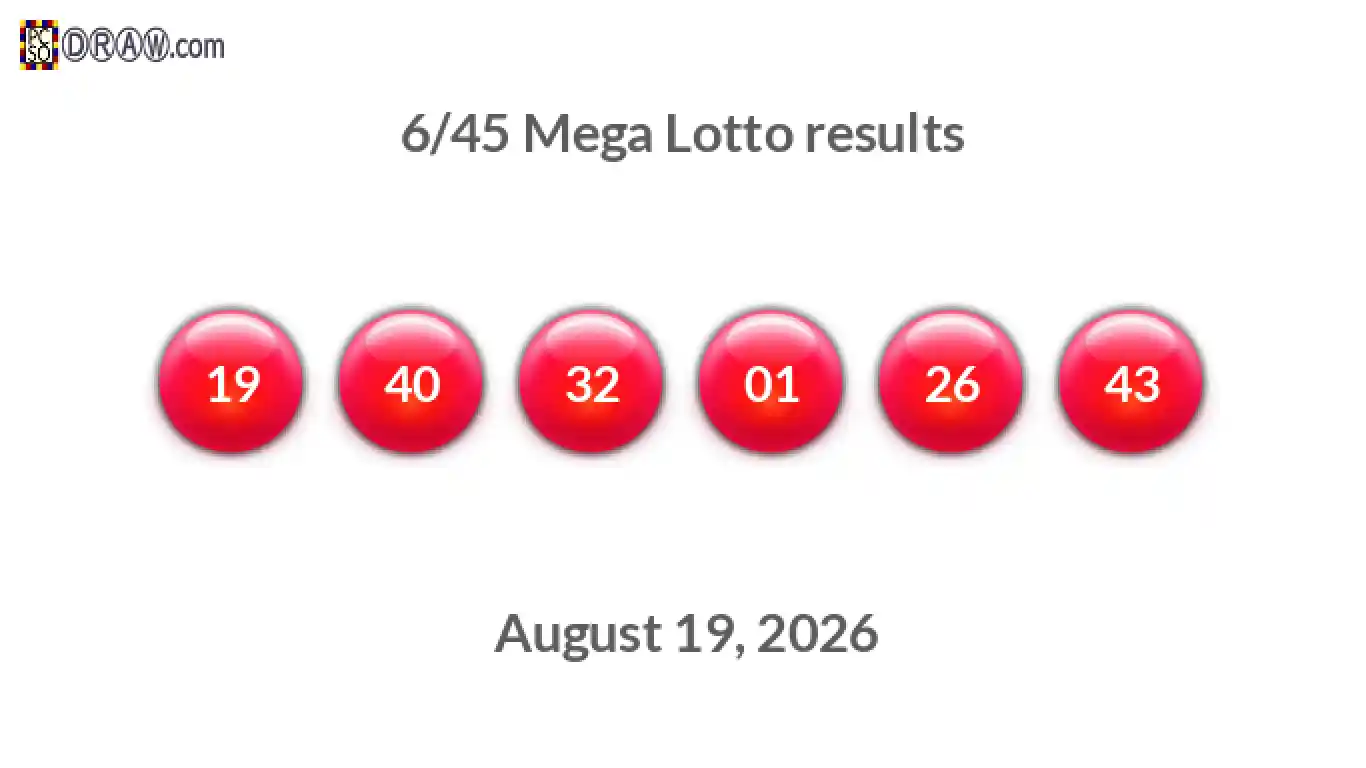 Mega Lotto 6/45 balls representing results on August 19, 2026